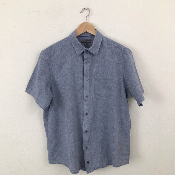Ike Behar Short Sleeve Linen/Cotton Button Down Blue Shirt | size L - Picture 2 of 11